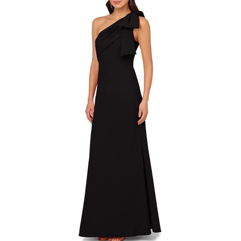 Adrianna Papell Black One-Shoulder Bow Gown Dress 6 NWT✨